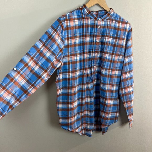 Lands End Flannel Shirt 14 Women Plaid Orange Blue Popover‎ Long Roll Tab Sleeve - Picture 2 of 11